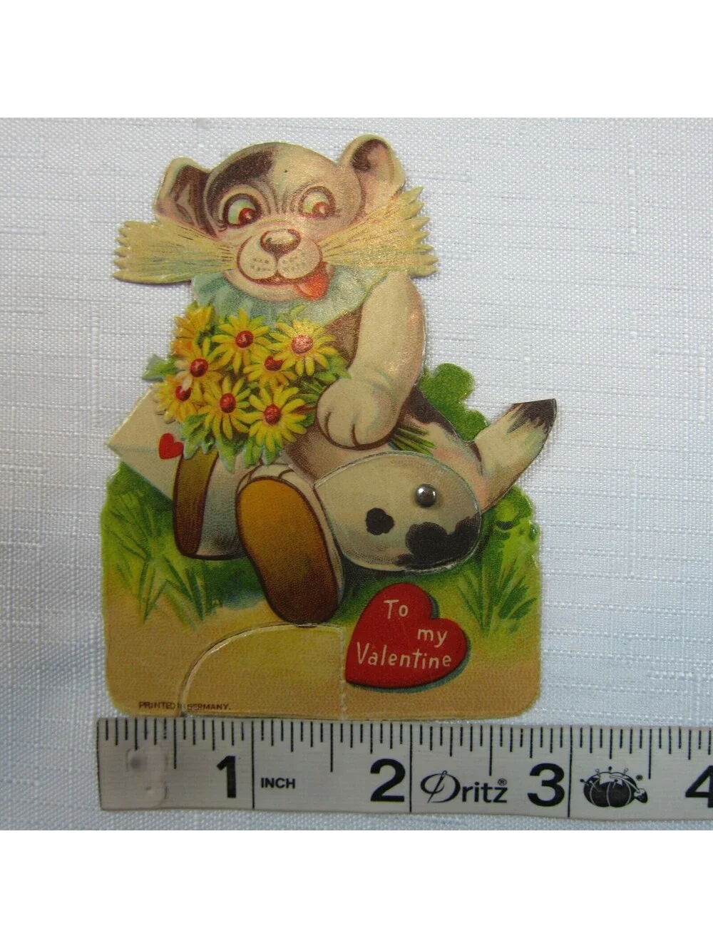 Vintage Valentine Card Mechanical Puppy Dog w/ Flowers Stand Up Germany 1920-30s